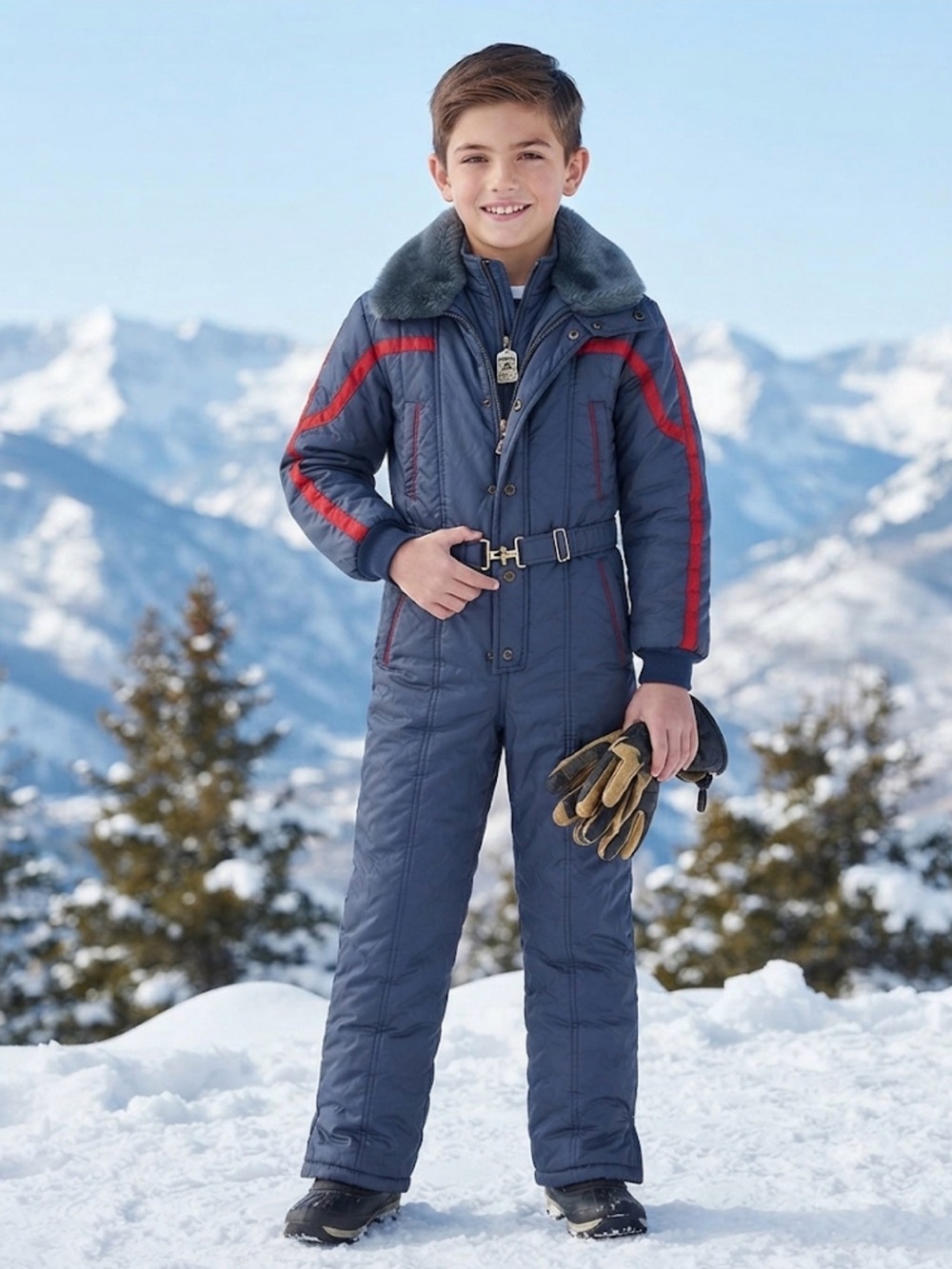 Vintage Tiger Bay Kids Navy Blue Ski Snow Suit with Red Trim